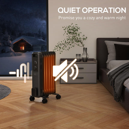 1500W Oil Filled Radiator with 7 Fins, 3 Heat Settings, Safety Cut-Off & Wheels - Grey
