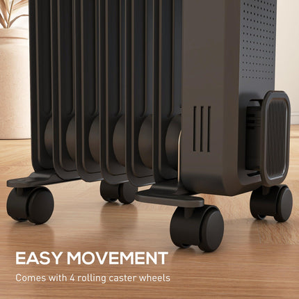 1500W Oil Filled Radiator with 7 Fins, 3 Heat Settings, Safety Cut-Off & Wheels - Grey