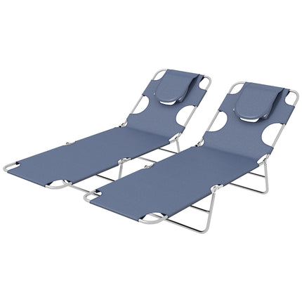 Foldable Sun Lounger Set of 2 with Adjustable Backrest, Reading Hole & Side Pocket - Grey