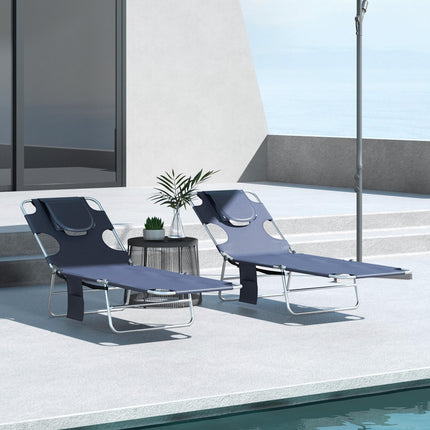 Foldable Sun Lounger Set of 2 with Adjustable Backrest, Reading Hole & Side Pocket - Grey