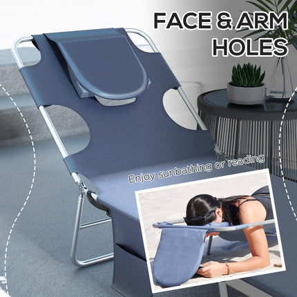 Foldable Sun Lounger Set of 2 with Adjustable Backrest, Reading Hole & Side Pocket - Grey