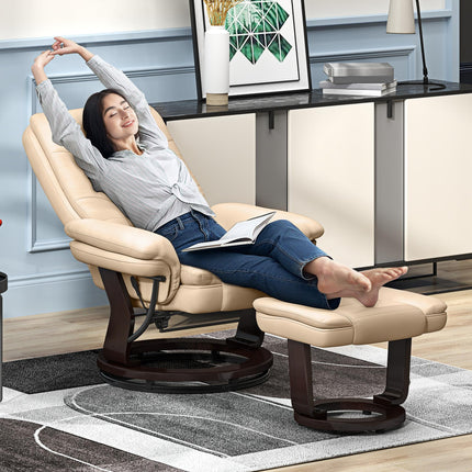 Faux Leather Reclining Chair and Footstool 135° Manual Recliner with Swivel Seat - Beige