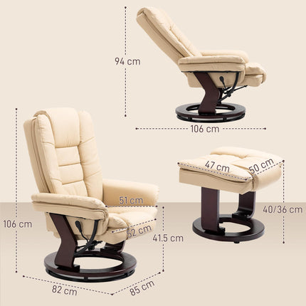 Faux Leather Reclining Chair and Footstool 135° Manual Recliner with Swivel Seat - Beige