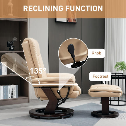 Faux Leather Reclining Chair and Footstool 135° Manual Recliner with Swivel Seat - Beige