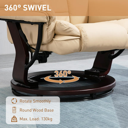 Faux Leather Reclining Chair and Footstool 135° Manual Recliner with Swivel Seat - Beige
