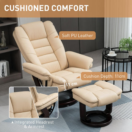 Faux Leather Reclining Chair and Footstool 135° Manual Recliner with Swivel Seat - Beige