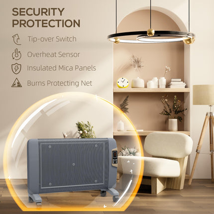 Mica Electric Portable Space Heater 1000W/2000W with Adjustable Thermostat 18-30°C - Grey