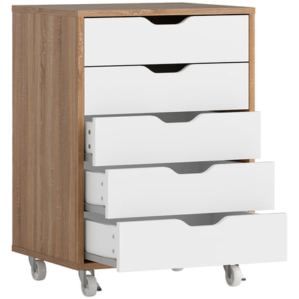 Five-Drawer Filing Cabinet with Wheels - Oak Brown