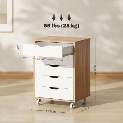 Five-Drawer Filing Cabinet with Wheels - Oak Brown