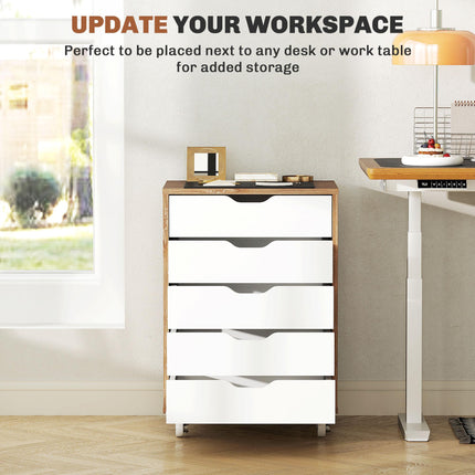 Five-Drawer Filing Cabinet with Wheels - Oak Brown