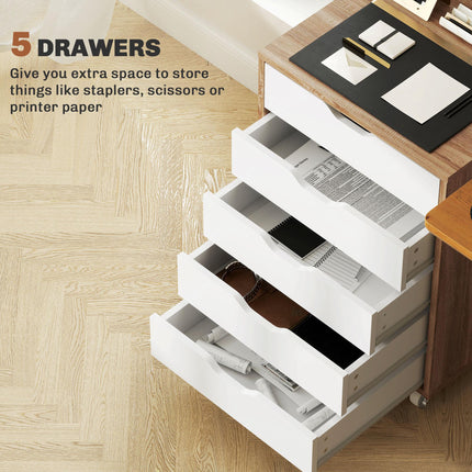 Five-Drawer Filing Cabinet with Wheels - Oak Brown