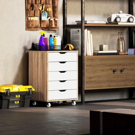 Five-Drawer Filing Cabinet with Wheels - Oak Brown