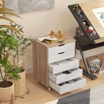 Five-Drawer Filing Cabinet with Wheels - Oak Brown