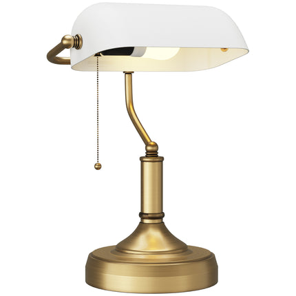 Banker's Desk Lamp with Antique Bronze Base and White Glass Shade - White