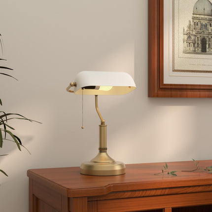 Banker's Desk Lamp with Antique Bronze Base and White Glass Shade - White
