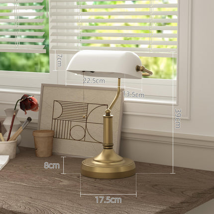 Banker's Desk Lamp with Antique Bronze Base and White Glass Shade - White