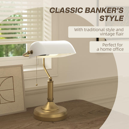 Banker's Desk Lamp with Antique Bronze Base and White Glass Shade - White