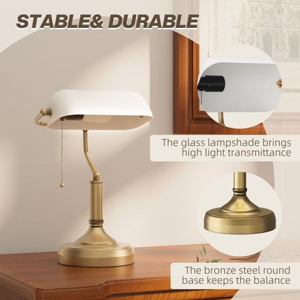 Banker's Desk Lamp with Antique Bronze Base and White Glass Shade - White