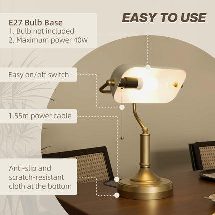 Banker's Desk Lamp with Antique Bronze Base and White Glass Shade - White