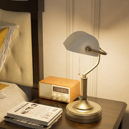 Banker's Desk Lamp with Antique Bronze Base and White Glass Shade - White