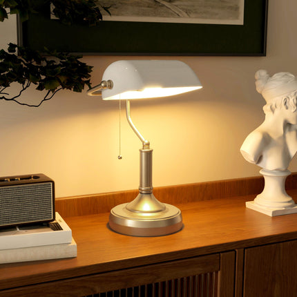 Banker's Desk Lamp with Antique Bronze Base and White Glass Shade - White