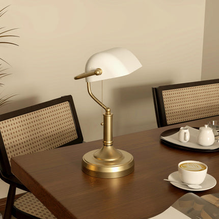 Banker's Desk Lamp with Antique Bronze Base and White Glass Shade - White