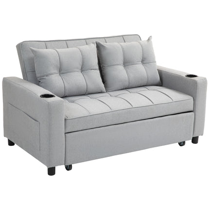 Two-Seater Pull-Out Sofa Bed with Adjustable Backrest and Cup Holders - Light Grey