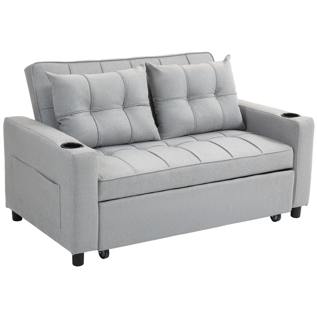 Two-Seater Pull-Out Sofa Bed with Adjustable Backrest and Cup Holders - Light Grey