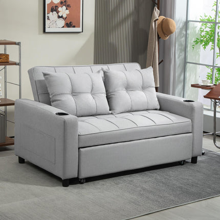 Two-Seater Pull-Out Sofa Bed with Adjustable Backrest and Cup Holders - Light Grey