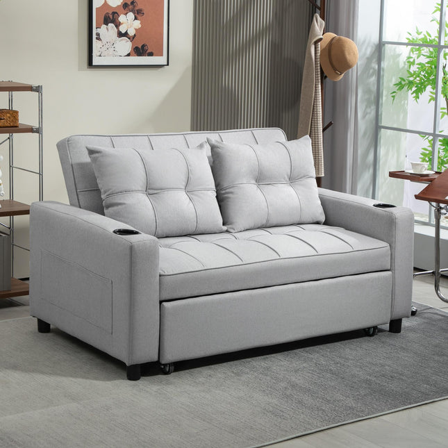 Two-Seater Pull-Out Sofa Bed with Adjustable Backrest and Cup Holders - Light Grey