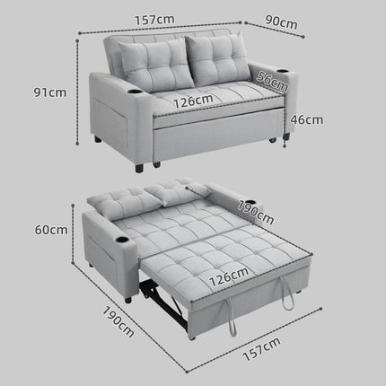 Two-Seater Pull-Out Sofa Bed with Adjustable Backrest and Cup Holders - Light Grey