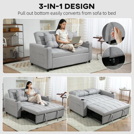 Two-Seater Pull-Out Sofa Bed with Adjustable Backrest and Cup Holders - Light Grey