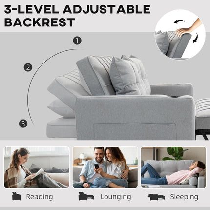 Two-Seater Pull-Out Sofa Bed with Adjustable Backrest and Cup Holders - Light Grey