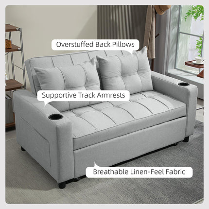 Two-Seater Pull-Out Sofa Bed with Adjustable Backrest and Cup Holders - Light Grey