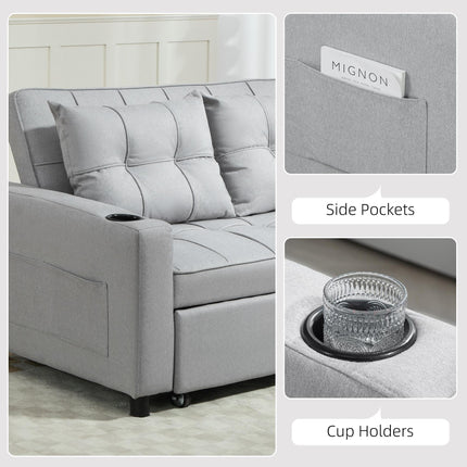 Two-Seater Pull-Out Sofa Bed with Adjustable Backrest and Cup Holders - Light Grey
