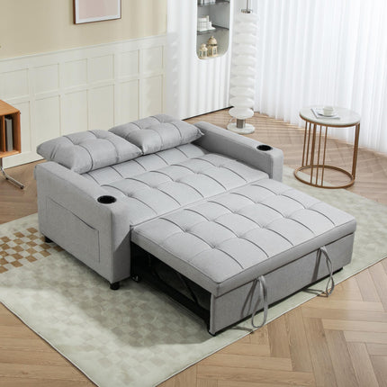 Two-Seater Pull-Out Sofa Bed with Adjustable Backrest and Cup Holders - Light Grey