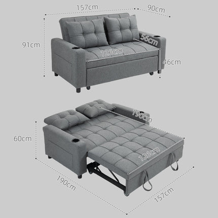 Two-Seater Pull-Out Sofa Bed with Adjustable Backrest and Cup Holders - Charcoal Grey