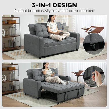 Two-Seater Pull-Out Sofa Bed with Adjustable Backrest and Cup Holders - Charcoal Grey