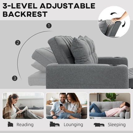 Two-Seater Pull-Out Sofa Bed with Adjustable Backrest and Cup Holders - Charcoal Grey