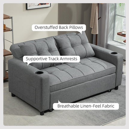 Two-Seater Pull-Out Sofa Bed with Adjustable Backrest and Cup Holders - Charcoal Grey