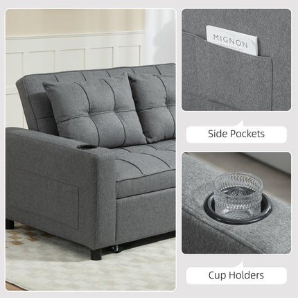 Two-Seater Pull-Out Sofa Bed with Adjustable Backrest and Cup Holders - Charcoal Grey
