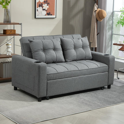 Two-Seater Pull-Out Sofa Bed with Adjustable Backrest and Cup Holders - Charcoal Grey