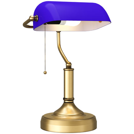 Banker's Desk Lamp with Antique Bronze Base and Blue Glass Shade - Blue