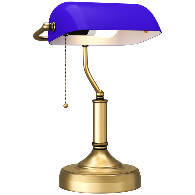 Banker's Desk Lamp with Antique Bronze Base and Blue Glass Shade - Blue