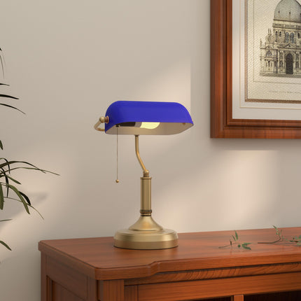 Banker's Desk Lamp with Antique Bronze Base and Blue Glass Shade - Blue