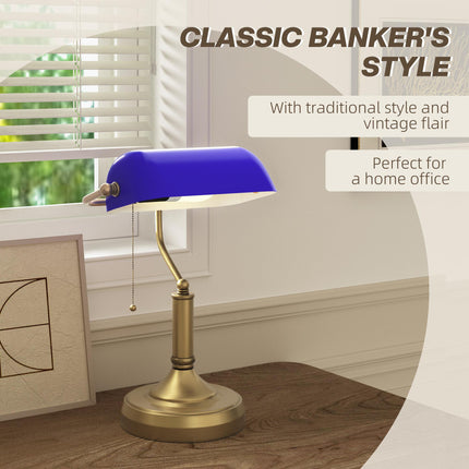 Banker's Desk Lamp with Antique Bronze Base and Blue Glass Shade - Blue