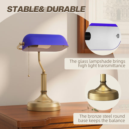Banker's Desk Lamp with Antique Bronze Base and Blue Glass Shade - Blue