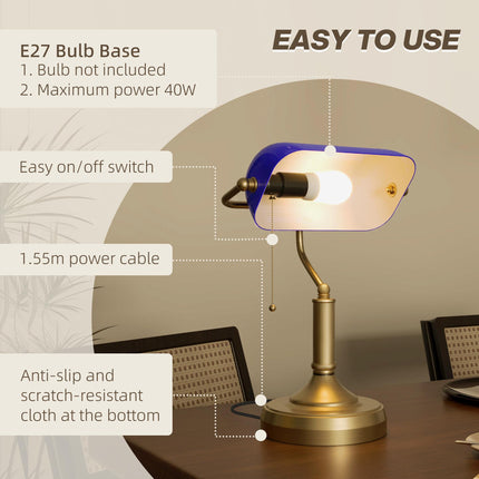 Banker's Desk Lamp with Antique Bronze Base and Blue Glass Shade - Blue