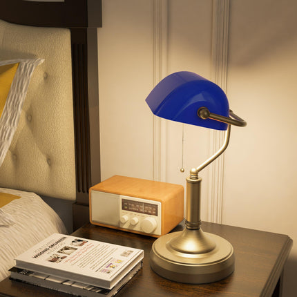 Banker's Desk Lamp with Antique Bronze Base and Blue Glass Shade - Blue