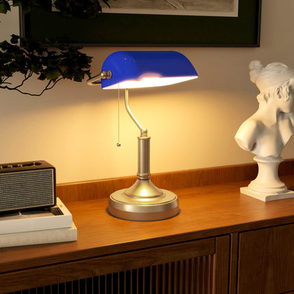 Banker's Desk Lamp with Antique Bronze Base and Blue Glass Shade - Blue